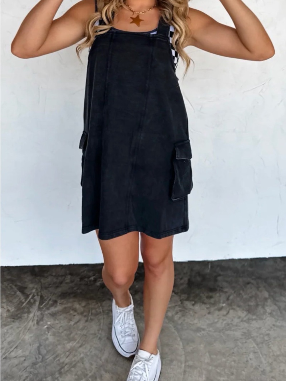 Black Cargo Pocket Overall Dress - Women